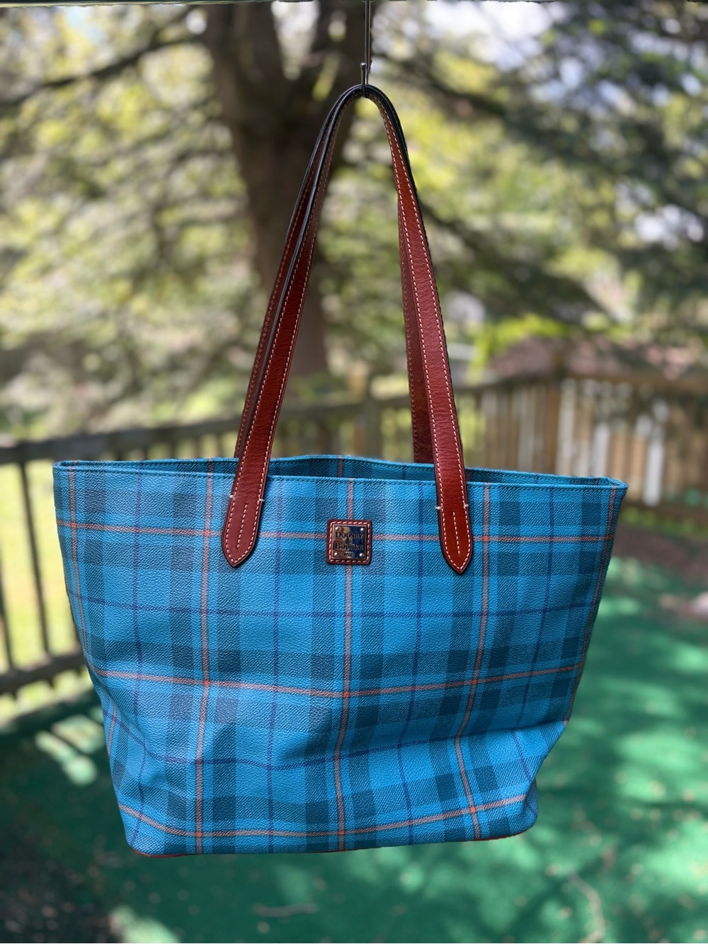 Dooney and Bourke Teal Plaid Tote Bag with Brown Leather Handles